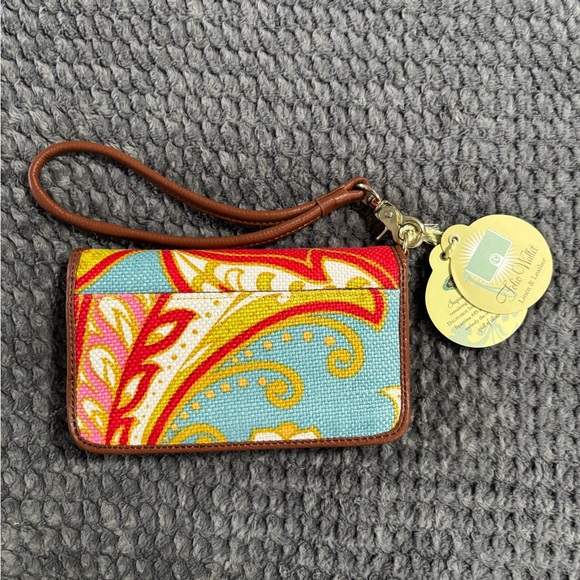 Spartina 449 Red Floral Canvas Wristlet Wallet with leather Brown Trim - Picture 2 of 9
